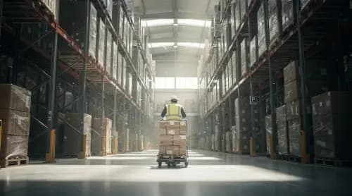 Mitarbeiter bewegt Palette mit Waren durch Hochregallager für Amazons neuen Lagerdienst AWD