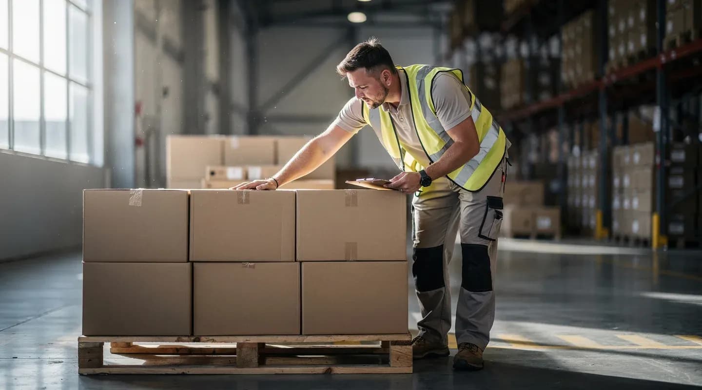 Mitarbeiter prüft Verpackungen im Lager im Kontext der neuen EU-Verpackungsverordnung