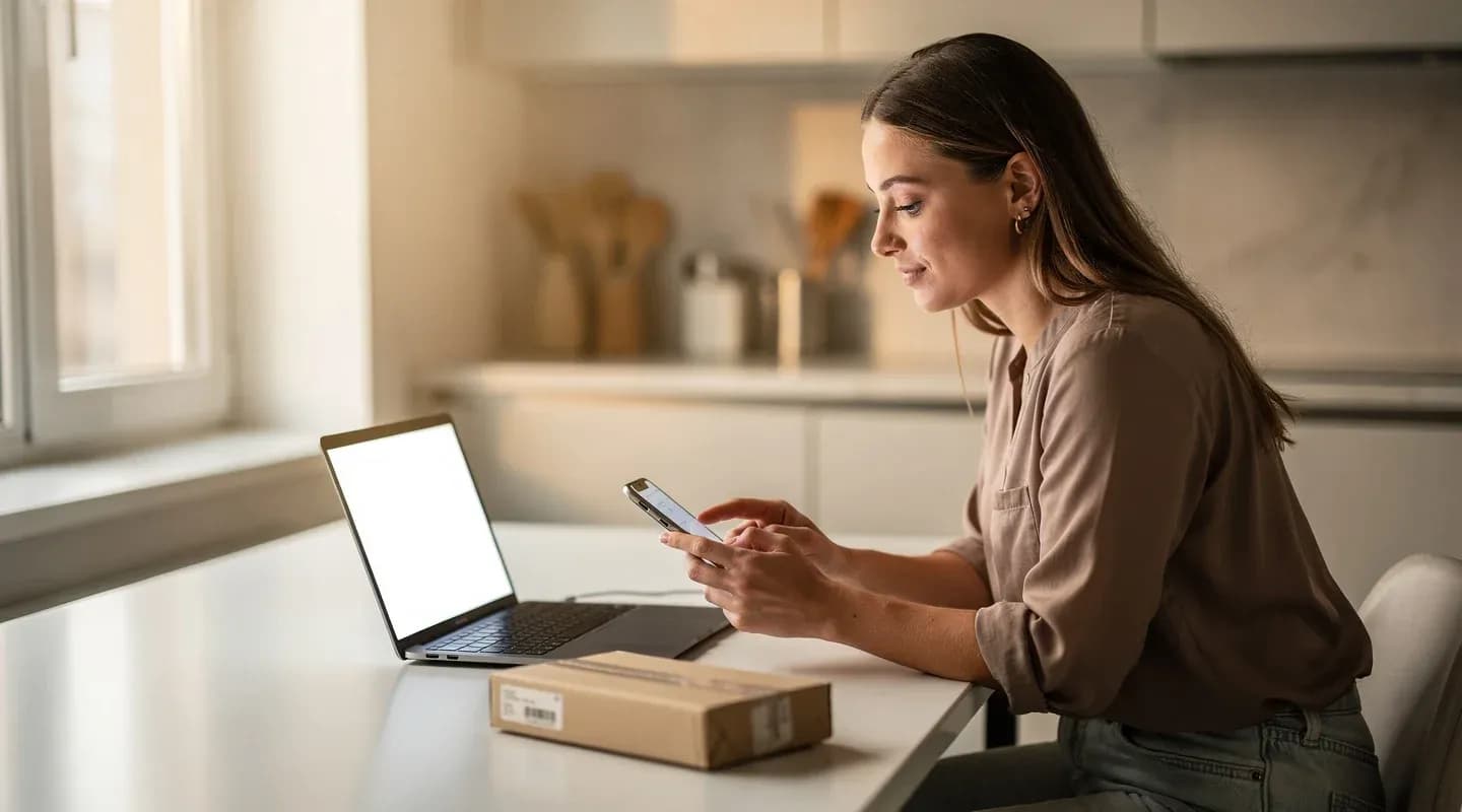 Kundin bestätigt per Smartphone eine Online-Zahlung neben Laptop und Paket