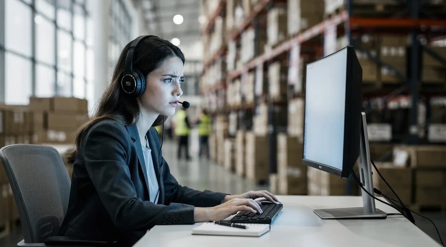 Kundenservice-Mitarbeiterin bearbeitet Paket-Reklamationen im Logistikzentrum