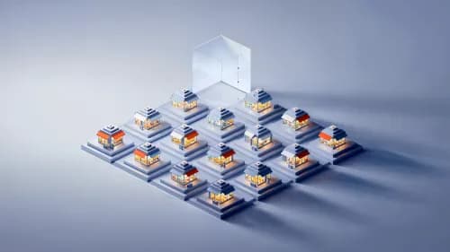 3D-Illustration wachsender und schließender Online-Marktplätze in klarem, modernem Design