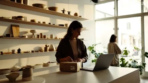 Ladenbesitzerin verpackt Online-Bestellung im hellen Geschäft für Click-and-Collect-Kunden