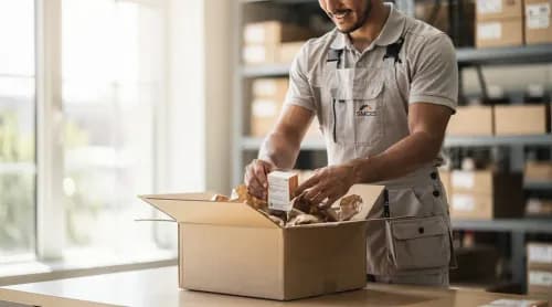Mitarbeiterin verpackt Produkt sorgfältig in nachhaltiger Verpackung im modernen Fulfillment-Center