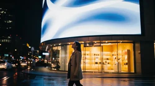 Passantin blickt abends auf leuchtenden 3D-Screen vor beleuchtetem Ladeneingang in der Stadt