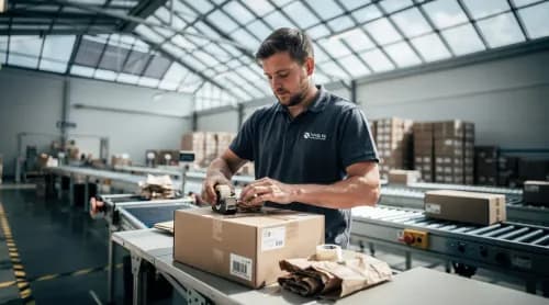 Lagermitarbeiter verpackt Bestellung nachhaltig in einem lichtdurchfluteten Fulfillment-Center