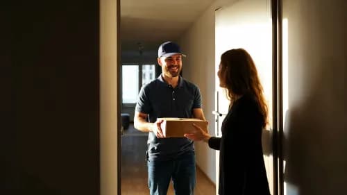 Kurier übergibt Paket an Kundin an moderner Haustür im natürlichen Tageslicht