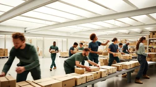 Team im modernen Fulfillment-Center bewältigt gemeinsam eine Bestellspitze am Förderband