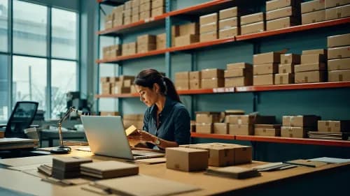 Unternehmerin bereitet Pakete für internationalen Versand im modernen Lager vor — Variante
