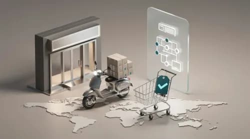 3D-Illustration zu E-Commerce-Themen: Marktplätze, KI-Empfehlungen und globaler Handel