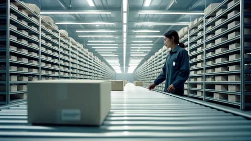 Mitarbeiter überwacht Paketfluss in modernem Amazon-Logistikzentrum bei Tageslicht