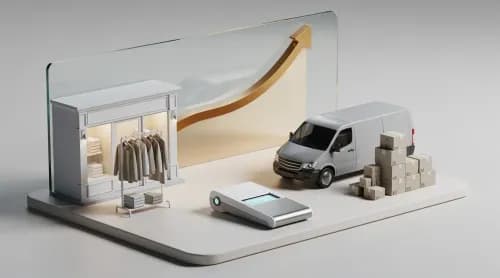 3D-Illustration zu Amazon, Fashion-Resale, Paketlieferung und Bezahlservices im E-Commerce