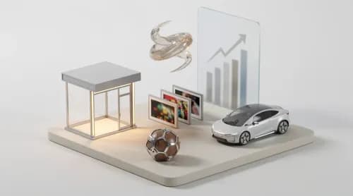 3D-Illustration zu E-Commerce-Themen: Marktplätze, Lieferung, Druckprodukte und KI-Kreativität