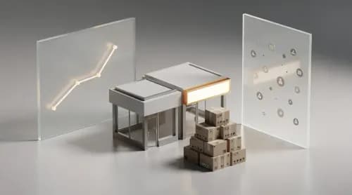 3D-Illustration zu E-Commerce-Themen: Fusionen, Cross-Border-Handel, KI und soziale Medien