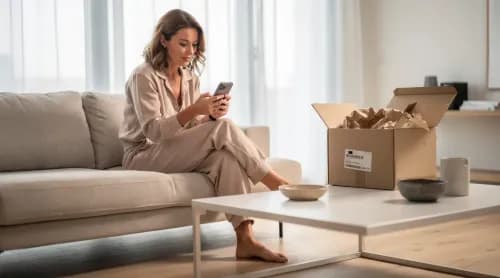 Frau bestätigt zu Hause eine Online-Zahlung per Banking-App neben einem Lieferpaket