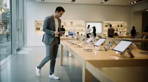 Filialleiterin kontrolliert mehrere iPad-Kassenterminals im modernen Ladengeschäft
