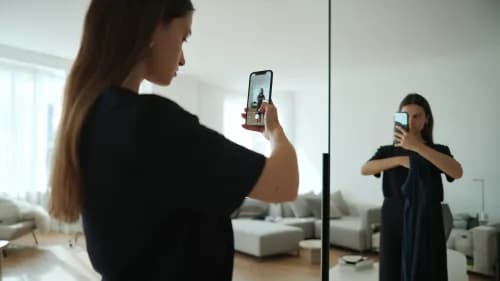 Frau probiert Kleidung virtuell per AR-App am Smartphone vor dem Spiegel an