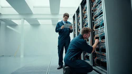 IT-Team prüft Serverrack hinter Frontpanel, Symbolbild für Backend-Pflege im Onlinehandel