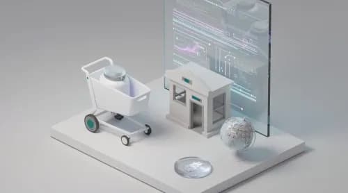 3D-Illustration zu autonomem Handel, digitalem Euro, globalen Marktplätzen und Datenverkehr im E-Commerce