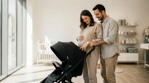 Werdendes Elternpaar testet gemeinsam Kinderwagen in modernem Baby-Showroom