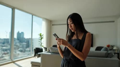 Frau nutzt Smartphone für digitalen Körperscan zur Größenempfehlung beim Online-Shopping