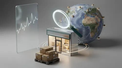 3D-Illustration zu Showrooming, Bot-Traffic, B2B-Handel und globalem E-Commerce