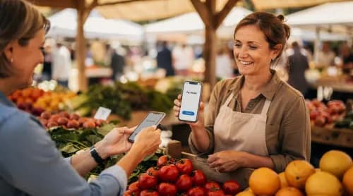 Marktverkäuferin nimmt lächelnd mobile Zahlung per Smartphone von Kundin entgegen