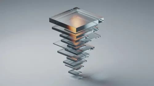 3D-Illustration: Ein Glasblock zerfällt in viele Einzelteile als Symbol für Buchungslogik