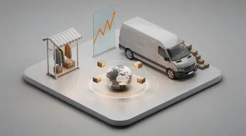 3D-Illustration zu Mode, Paketzustellung, globalem Handel und KI-Betrugserkennung im E-Commerce