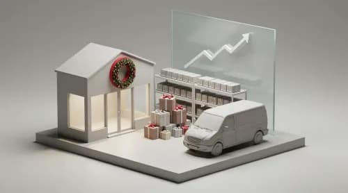 3D-Illustration: Weihnachtsgeschäft, Onlineshop, Lieferpaket und Lagerregal im E-Commerce