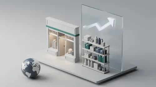 3D-Illustration zu Handel, Retail-Trends und globalem E-Commerce mit Petrol-Akzent