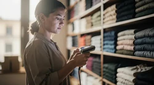 Verkäuferin prüft Warenbestand im Store gegen digitales Versprechen des Unified Commerce