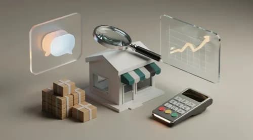 3D-Illustration zu Kartellamt, Preisangst, KI-Einkaufsberater und Fintech-Themen im E-Commerce