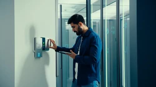 IT-Sicherheitsexpertin prüft Zugang an offener Sicherheitstür eines Rechenzentrums