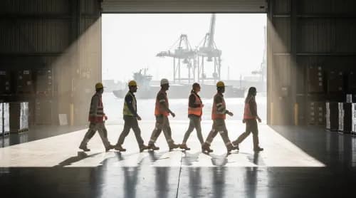 Team inspiziert leere moderne Lagerhalle nahe europäischem Binnenhafen für neue Logistikflächen