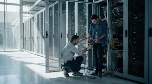 IT-Team prüft Serverinfrastruktur eines Onlineshops – Sinnbild für digitalen Sicherheitscheck
