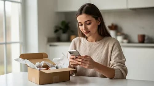 Frau prüft Smartphone neben geöffnetem Paket – bewusstes Online-Shopping laut Consumer Report 2025