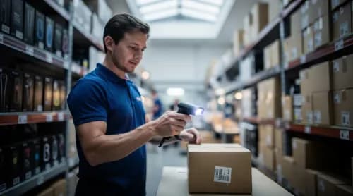 Mitarbeiter scannt Ware im modernen Lager, Sinnbild für zentrale ERP-Prozesse im Omnichannel-Handel