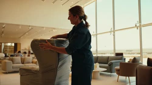 Mitarbeiter verpackt Möbelstück im hellen Showroom für den Online-Versand
