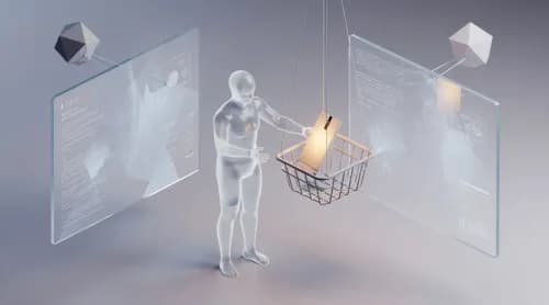 3D-Illustration einer abstrakten KI-Agentenfigur, die autonom ein Produkt für den Kunden auswählt