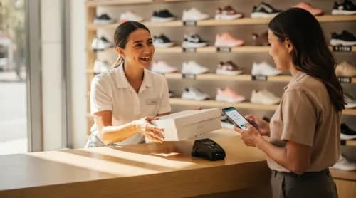 Kundin zeigt Smartphone mit Bonusprogramm beim Schuhkauf an der Kasse