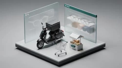 3D-Illustration zu Delivery Hero, Kleinanzeigen, Mister Spex, Amazon und KI-Browser im E-Commerce