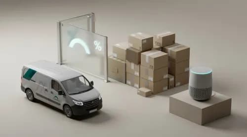 3D-Illustration zu Paketzustellung, EU-Zollabgabe und smarten Geräten im E-Commerce