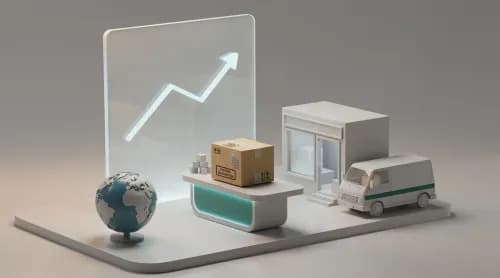 3D-Illustration zu Zoll, Onlinehandel und globalem E-Commerce mit Paket, Laden und Diagrammkurve