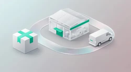 Abstrakte 3D-Illustration einer vernetzten E-Fulfillment-Lieferkette mit Lager, Transport und Paket