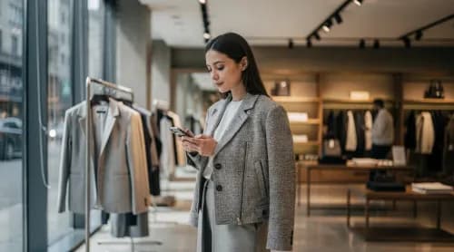 Kundin vergleicht Produktinfos auf dem Smartphone beim Einkauf im Modegeschäft