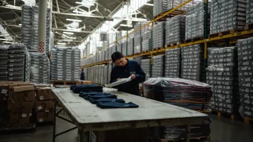 Mitarbeiter prüft retournierte Kleidung im hellen Fulfillment-Center als Sinnbild für Marktplatz-Tücken
