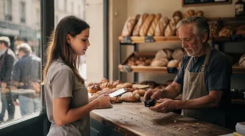 Kundin bezahlt per Smartphone-App an europäischem Marktstand, Symbolbild für Wero und digitalen Euro