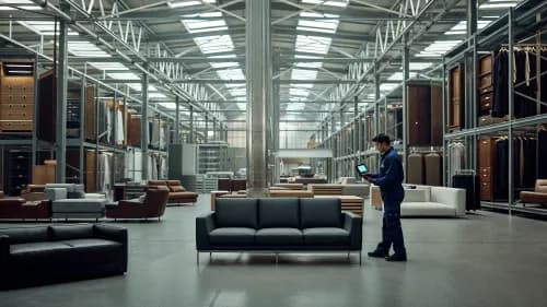 Mitarbeiterin scannt Möbelstück im hellen, modernen Möbellager mit digitalem Gerät