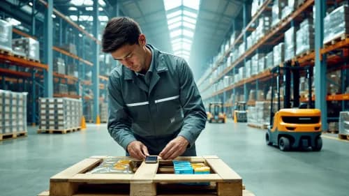 Mitarbeiterin bringt digitalen Tracking-Sensor an Palette im modernen Großhandelslager an