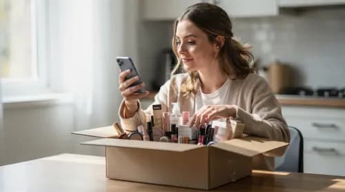 Frau öffnet DM-Onlineshop-Paket zuhause und bezahlt bequem per Smartphone mit Wero